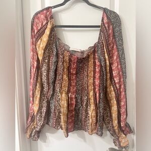 NEW! Sugarfox Off The Shoulder Bell Sleeve Mixed Print Smocked Boho Peasant Top